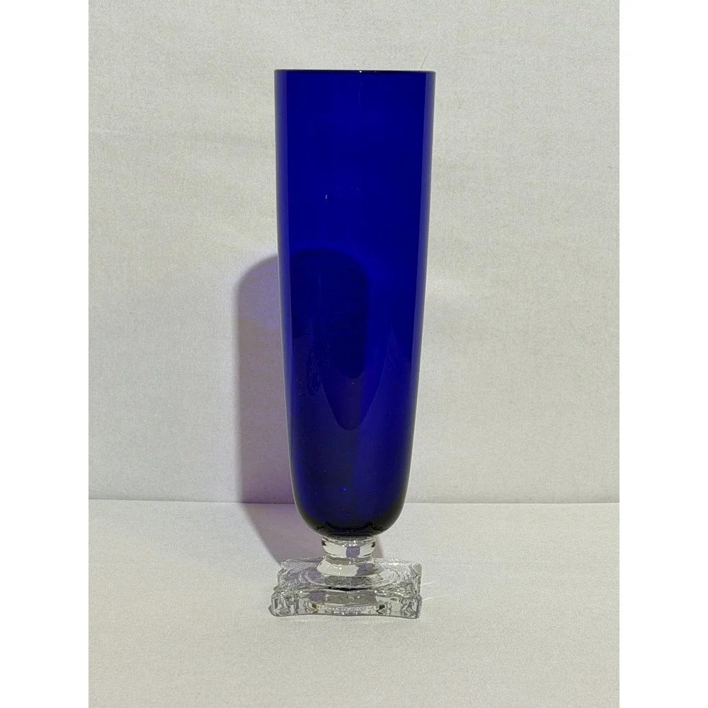 Vintage‎ Cobalt Blue Glass Bud Vase with Clear Scalloped Square Pedestal Base
